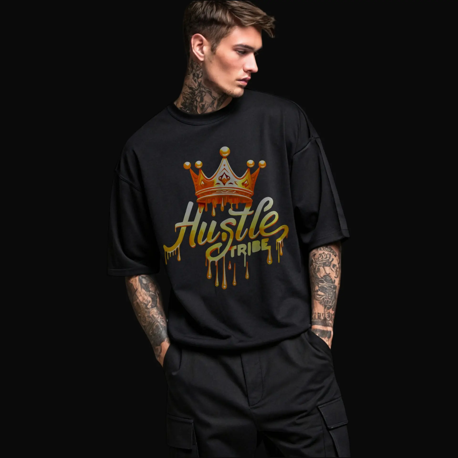 Royal Crown French Terry T-shirt with gold crown print on black fabric